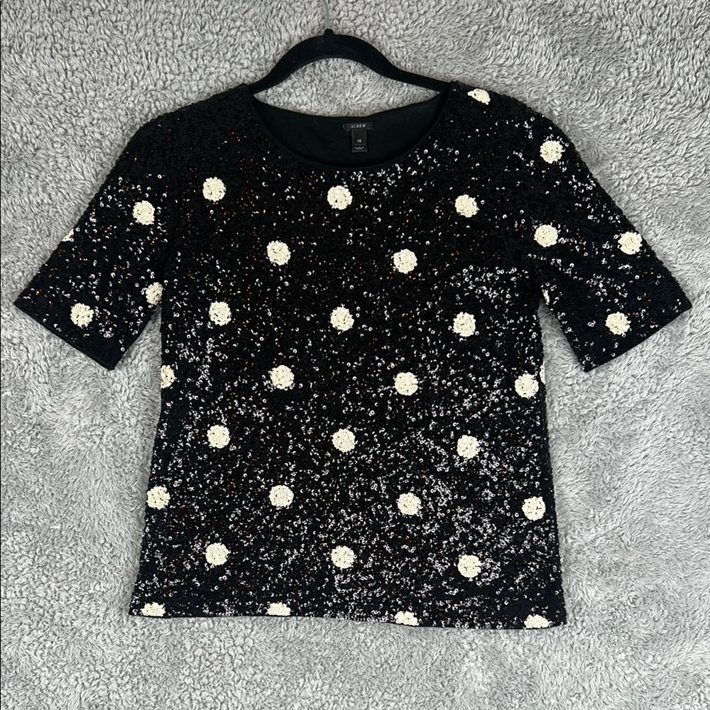 Nice!! J. Crew Black  White Sequin Polka Dot Short Sleeve Top Women’s Size XS